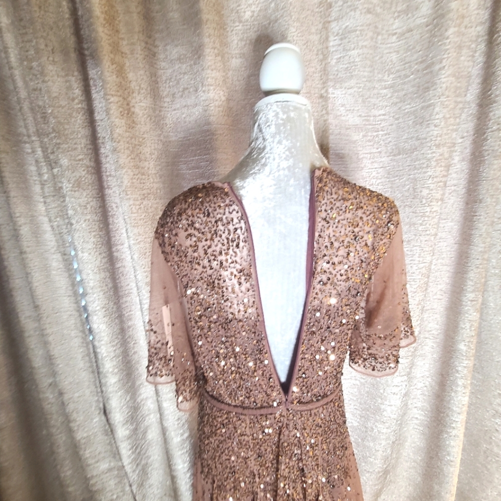 Mac‎ Duggal 93655 Rosewood Cape Sleeve Beaded Tea Length A-Line Midi Dress Sz 10 - Picture 11 of 11